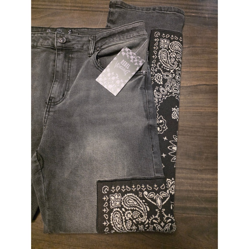 Rebel Vengeance Mens Faded Black Paisley Bandana Patchwork Skull Denim Jeans 28